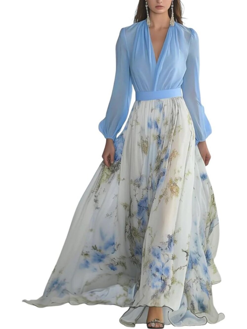 Women's Blue Long Sleeve Floral Boho Empire Waist Maxi Fall A Line Chiffon Dress